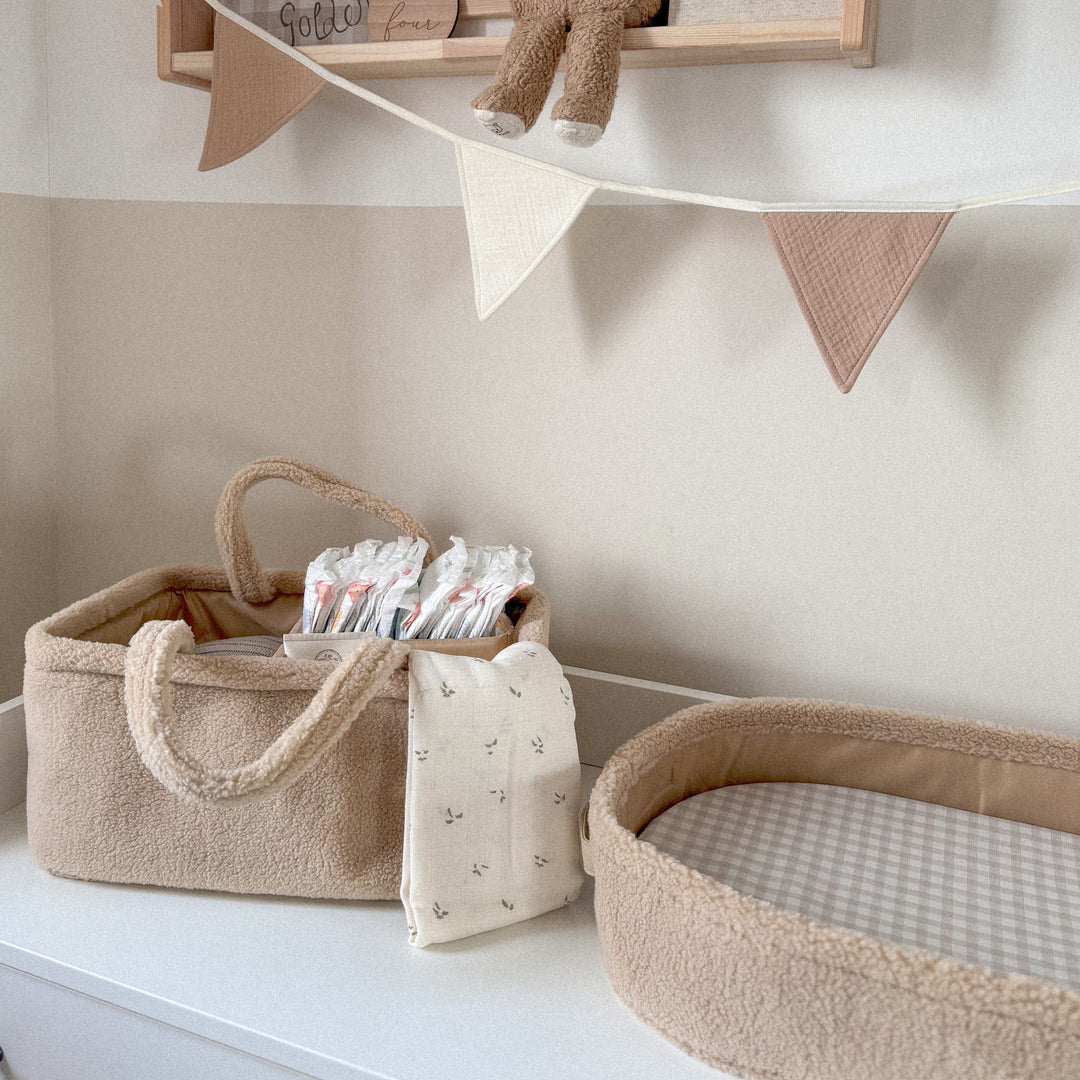 Mabel & Fox Comfort Collection, matching nappy caddy and changing basket in biscuit