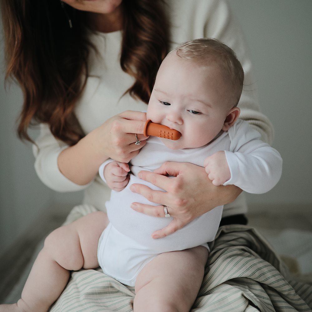 Mushie - Finger Toothbrush Clay/Shifting Sands - Mabel & Fox