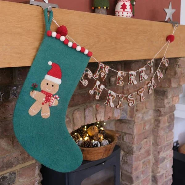 Fiona Walker - Felt Stocking - Green Gingerbread Stocking