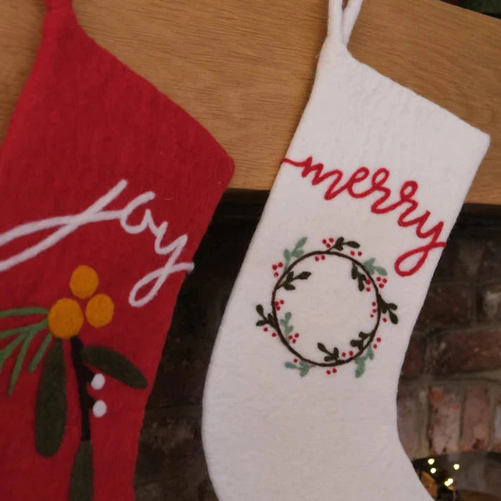 Fiona Walker - Felt Stocking - Cream Merry Stocking