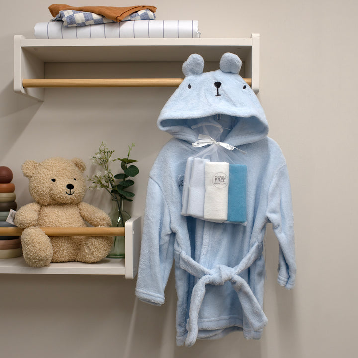 Mabel & Fox - Baby Hooded Dressing Gown With Washcloths - BLUE