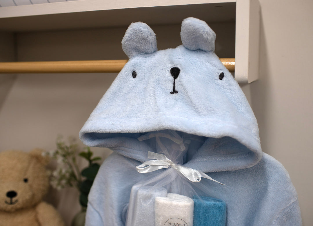 Mabel & Fox - Baby Hooded Dressing Gown With Washcloths - BLUE