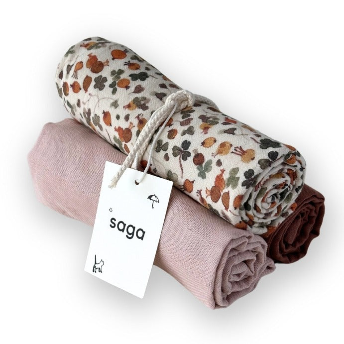 Saga Copenhagen- Organic Cotton Muslin Cloths - Mixed Rose (3 Pack) - Mabel & Fox