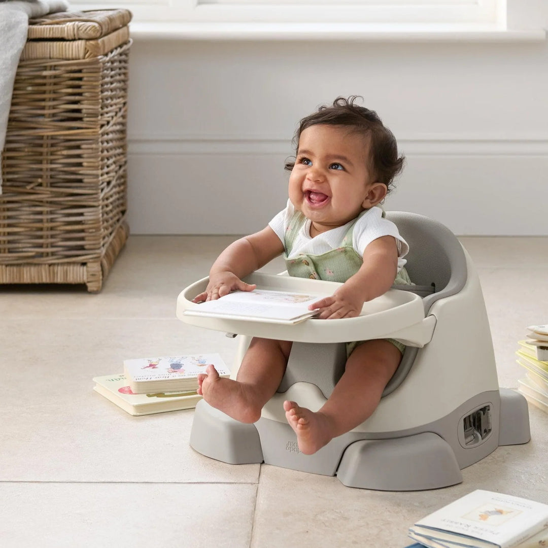 Mamas & Papas - Bug 3-in-1 Floor & Booster Seat with Activity Tray - Pebble Grey - Mabel & Fox