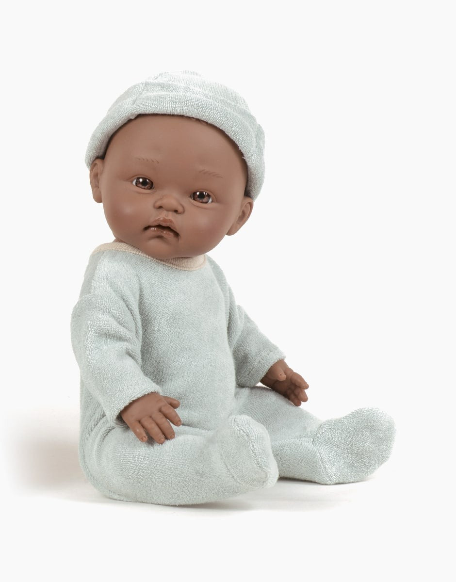 MiniKane - Doll - Basile In Terry Towelling Sleepsuit With Bonnet- Green Tea - Mabel & Fox