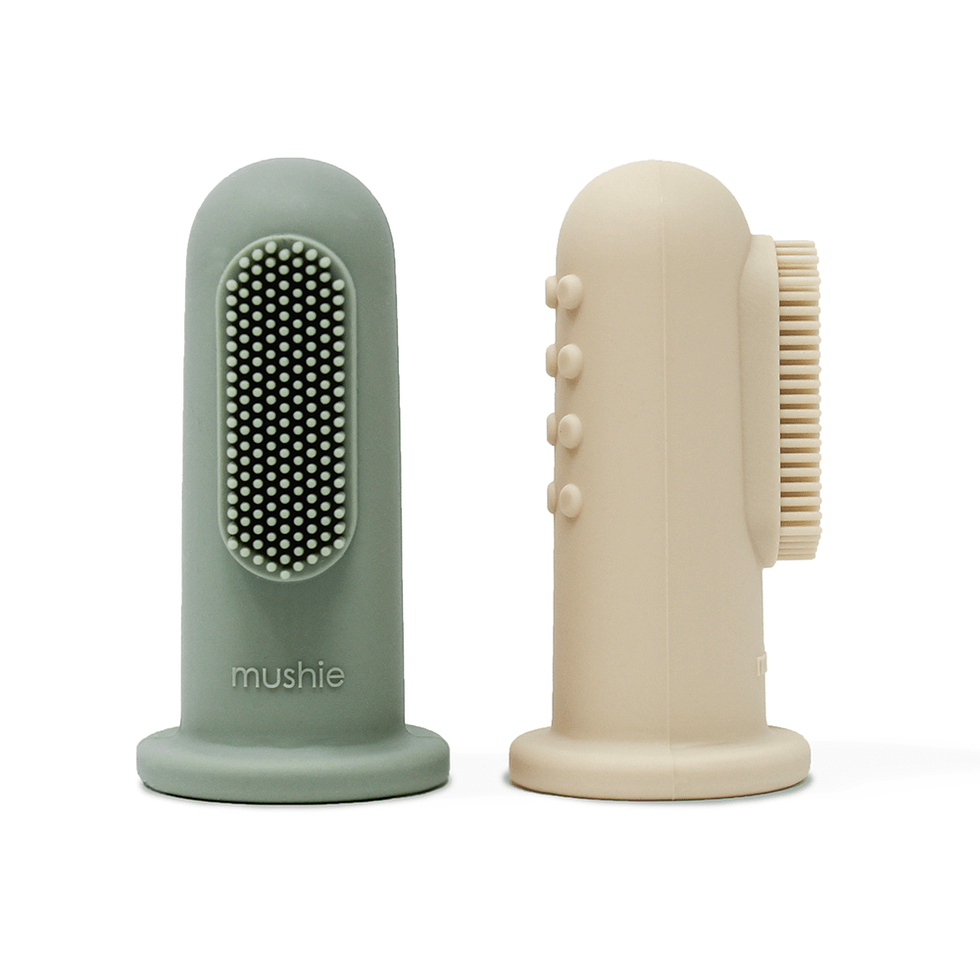 Mushie - Finger Toothbrush Cambridge Blue/Shifting Sand - Mabel & Fox